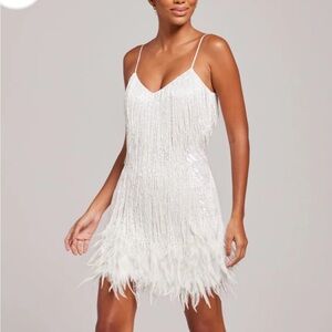 White Sequin and Feather Party Dress